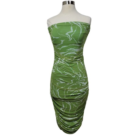 See You Monday Mesh Animal Strapless Ruched Bodycon Dress Green White Size Large - Picture 1 of 10